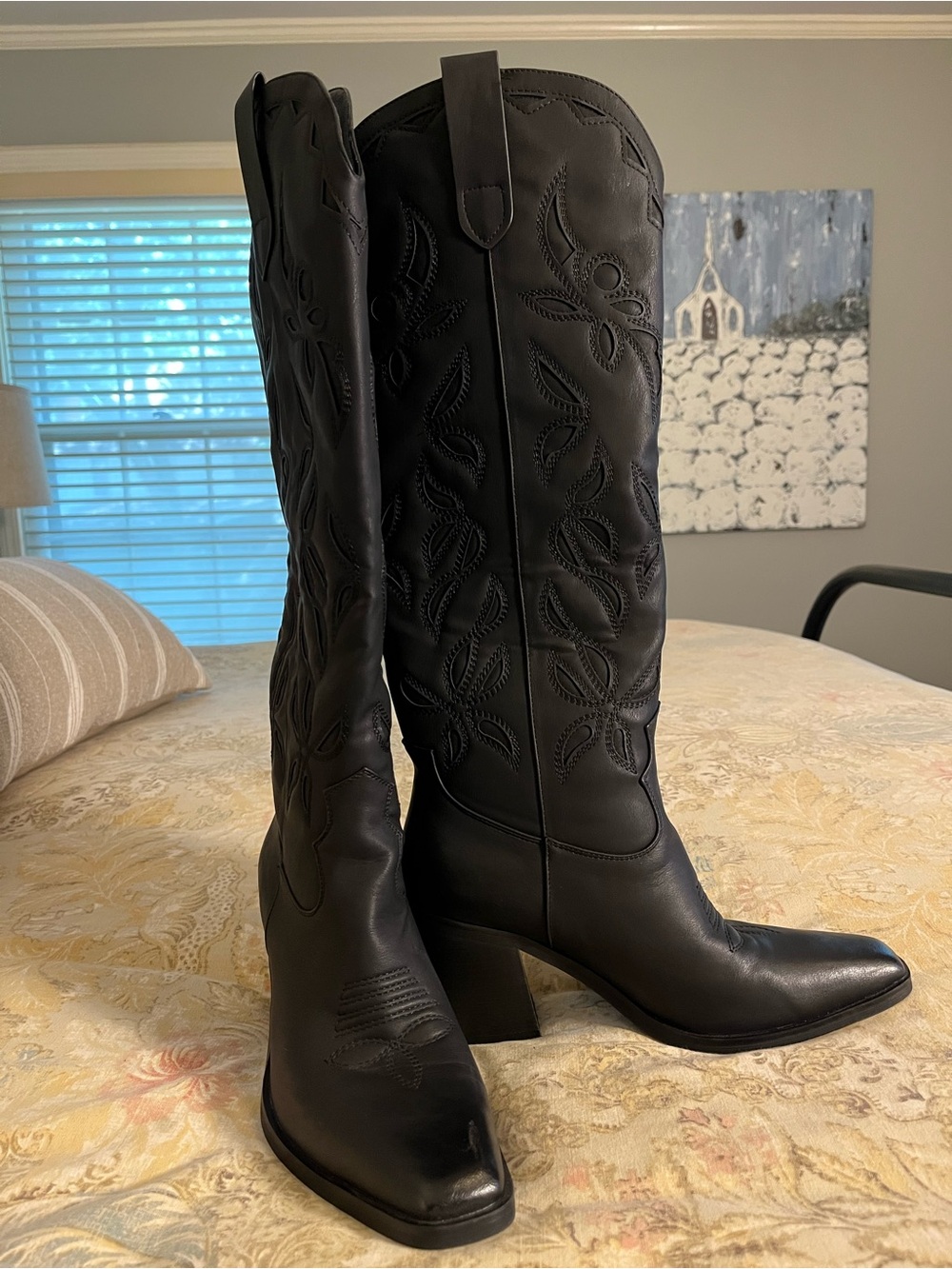 Faux Leather Knee High Cowboy Boots with 3.5” Block Heel. Size 9